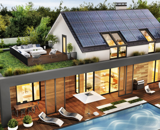 Beautiful house with roof terrace and solar panels. Exterior and